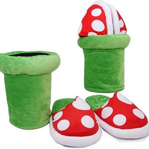 Mario Piranha Plant House Slippers Product Shot With Slippers In Tunnel Sleeve and Outside