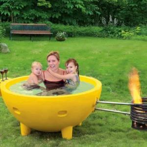 Mother and Two Kids Sitting in ALFI Brand Fire Hot Tub