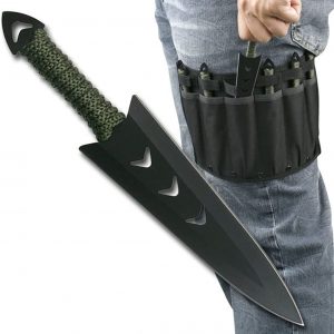 Perfect Point Throwing Knives Product Shot With Holder Wrapped Around A Leg