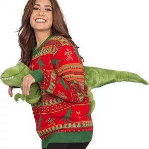 Woman Wearing the 3D T-Rex Red and Green Adult Ugly Christmas Sweater Side View