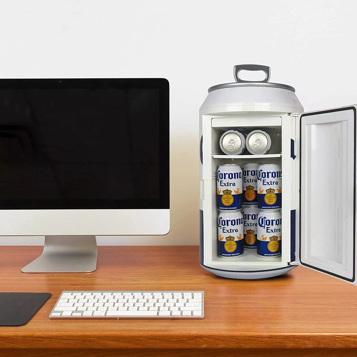 Giant Corona Can Mini Beer Fridge sitting on desktop