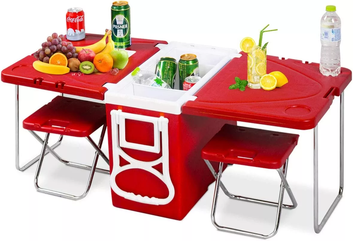 Giantex Rolling Cooler With Fold Out Table And Chairs Unfolded With Food on It