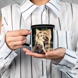 Woman Holding Heat Change Cat Mug