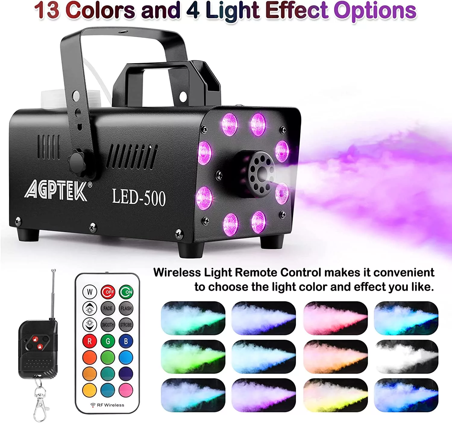 AGPTEK Fog Machine has 13 colors and 4 light effect options