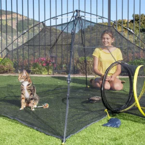 Cat inside the Outback Jack Outdoor Cat Enclosure with young girl watching