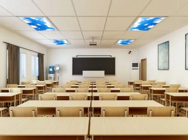 Classroom with Blue Sky Panel Light Fixture Cover in ceiling