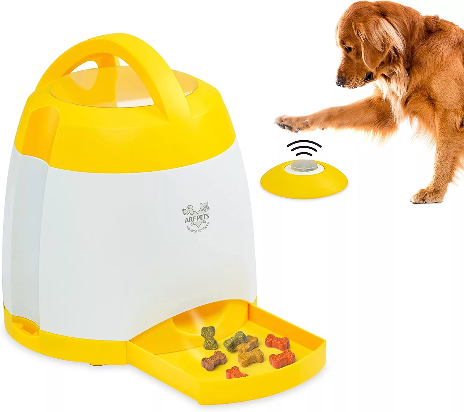 Dog using the Arf Pets Remote Activated Treat Dispenser
