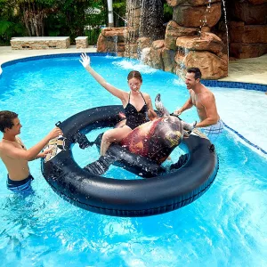 Family In Pool Using the Inflatable Bull Riding Pool Toy