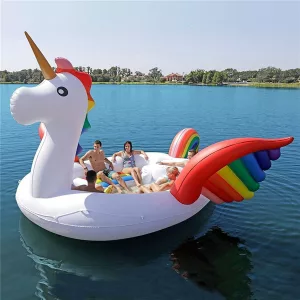 Family in Giant Unicorn Lake Float