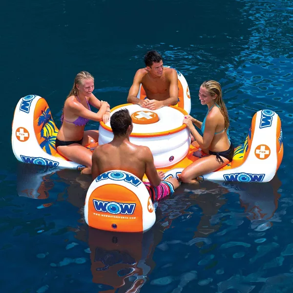 Family sitting on the Floating 4-Person Table in a lake