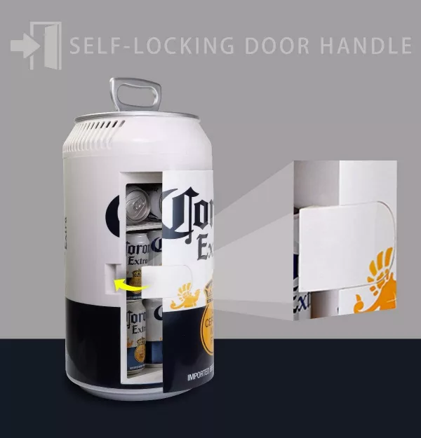 Giant Corona Can Mini Beer Fridge with a self locking door handle