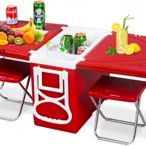 Giantex Rolling Cooler With Fold Out Table And Chairs Unfolded With Food on It