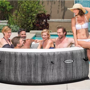 Group Enjoying the PureSpa Plus 85 Inch Diameter 6 Person Portable Inflatable Hot Tub By The Pool