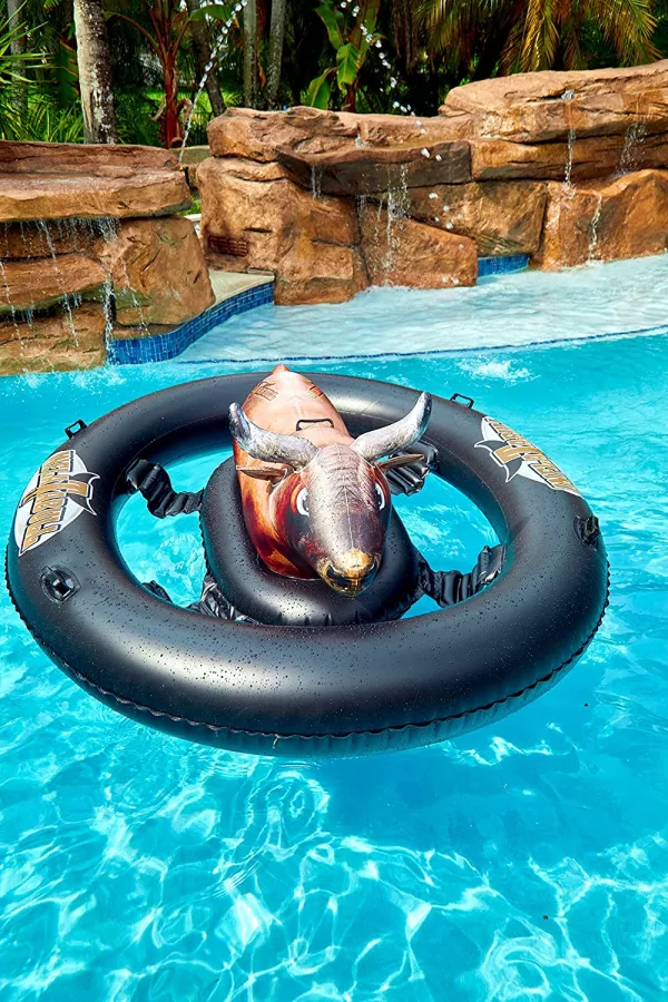 Inflatable Bull Riding Pool Toy In Pool