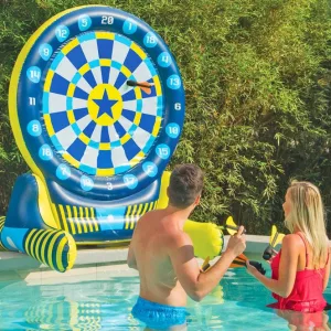 Man and Woman Playing On the Giant Inflatable Pool Dart Board In a pool