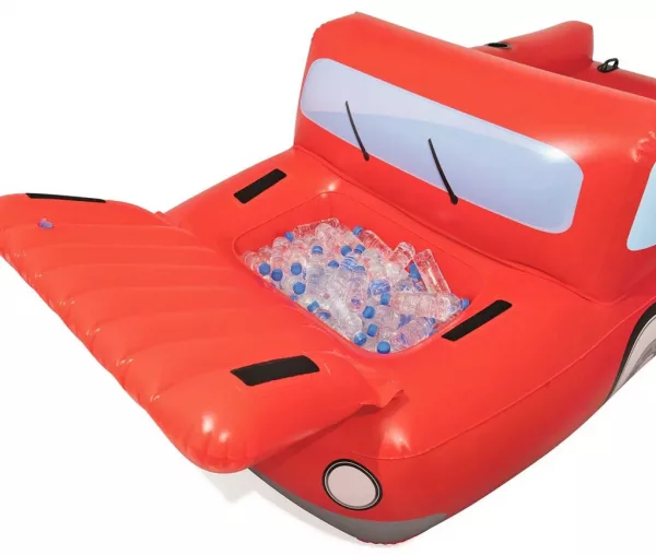 Pickup Truck Pool Float With A Cooler Under The Hood Open Hood filled with bottles