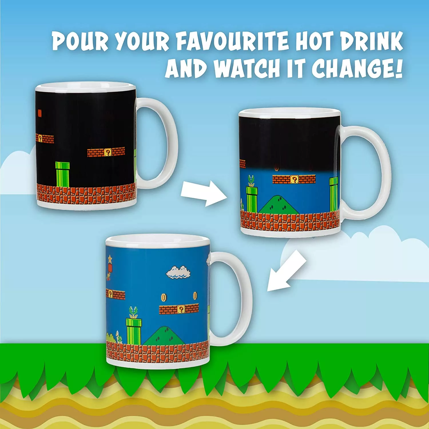 Super Mario Night Level to Day Level Heat Change Mug Pour Your favorite hot drink and watch it change