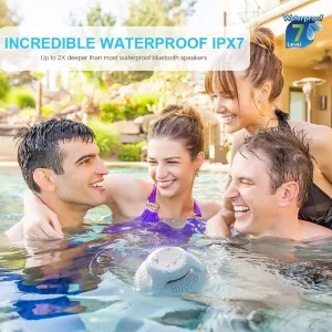 Two Couples Enjoying a dip in the pool with the Floating Pool Bluetooth Speaker