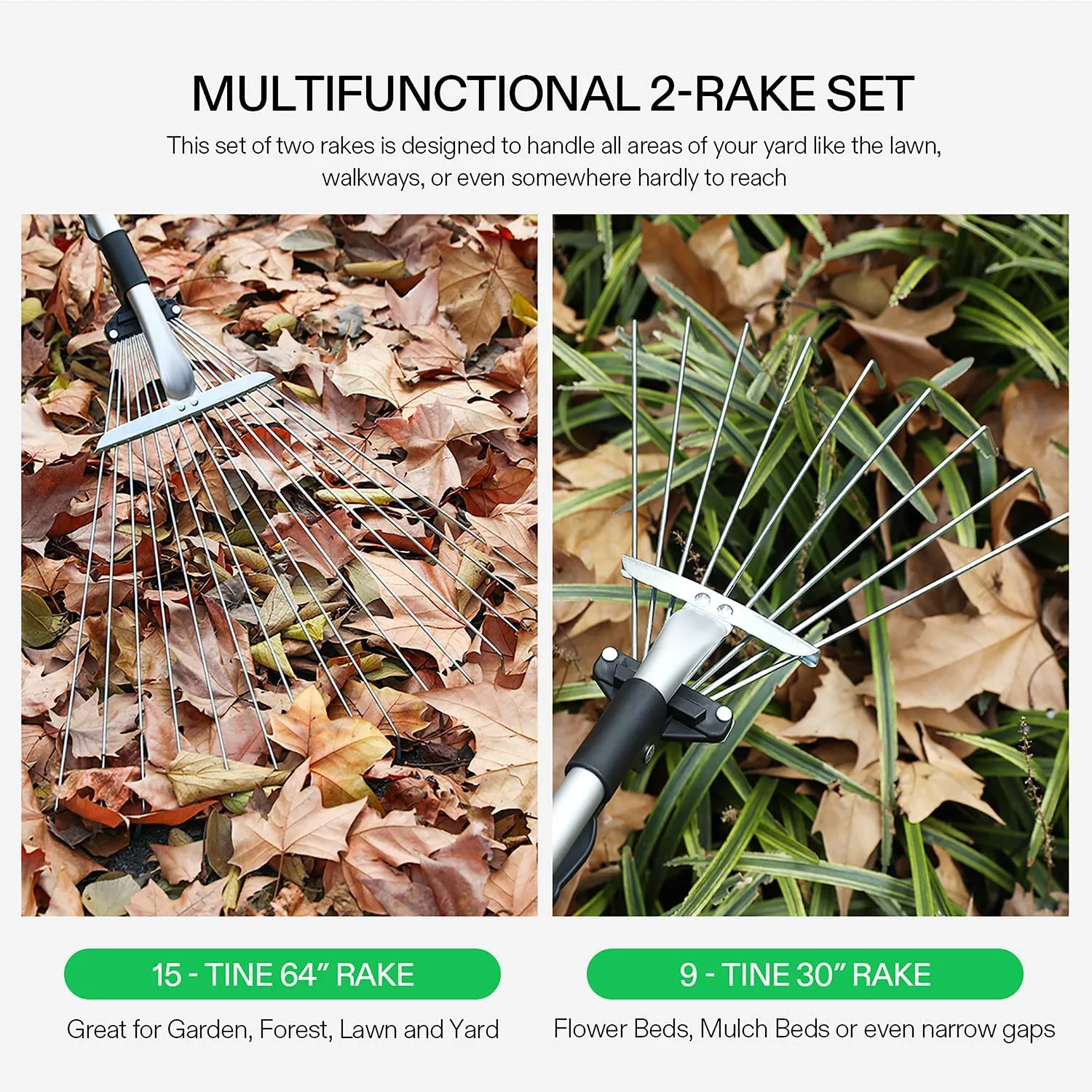 VIVOSUN 2-Pack Leaf Rake Set, 64-inch & 30-inch Multifunctional 2 Rake Set