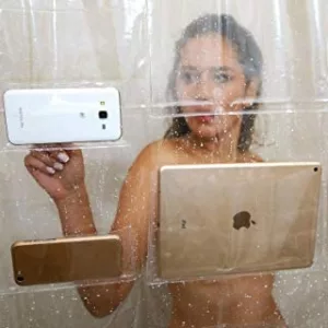 Woman In Shower Using Smart Device Shower Curtain