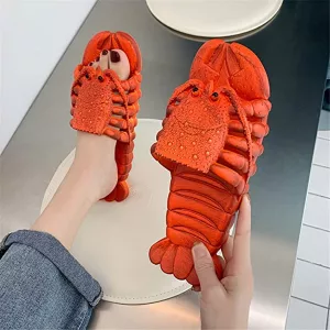 Woman Putting On Lobster Slippers