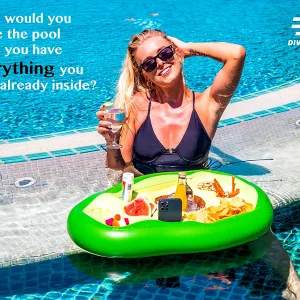 Woman Sitting In Pool With Avocado Floating Food & Drink Tray