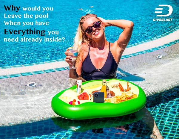 Woman Sitting In Pool With Avocado Floating Food & Drink Tray