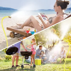 Woman Using Patio Mister Cooling System On Beach