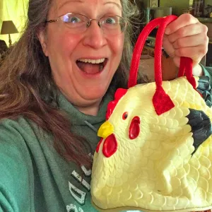 Woman With Rubber Chicken Purse