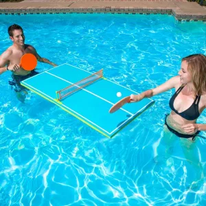 Woman and Man Playing on the Poolmaster Floating Table Tennis Game in Pool