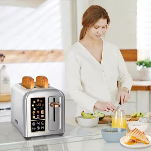 Woman making breakfast next to Smart Toaster