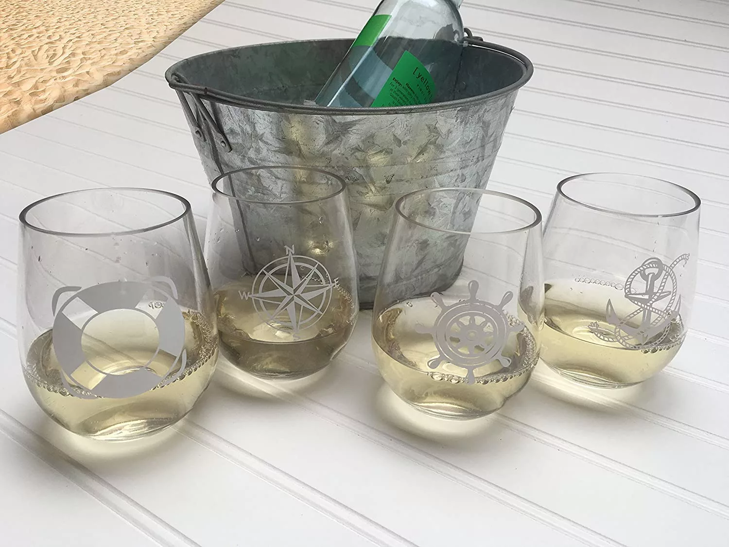 Bottle of wine in a bucket with the Shatterproof Plastic Nautical Wine Glasses