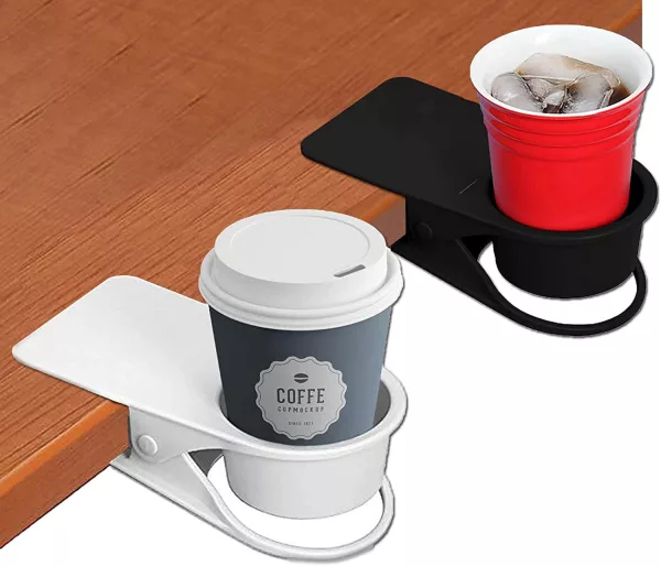 Clip On Table Cup Holder Clipped on Desk in white and black