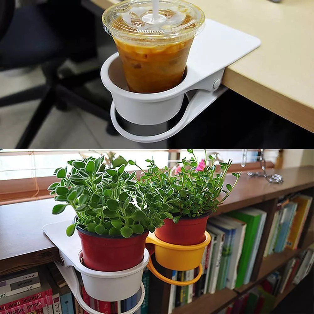 Clip On Table Cup Holder Holding Plants on book shelf