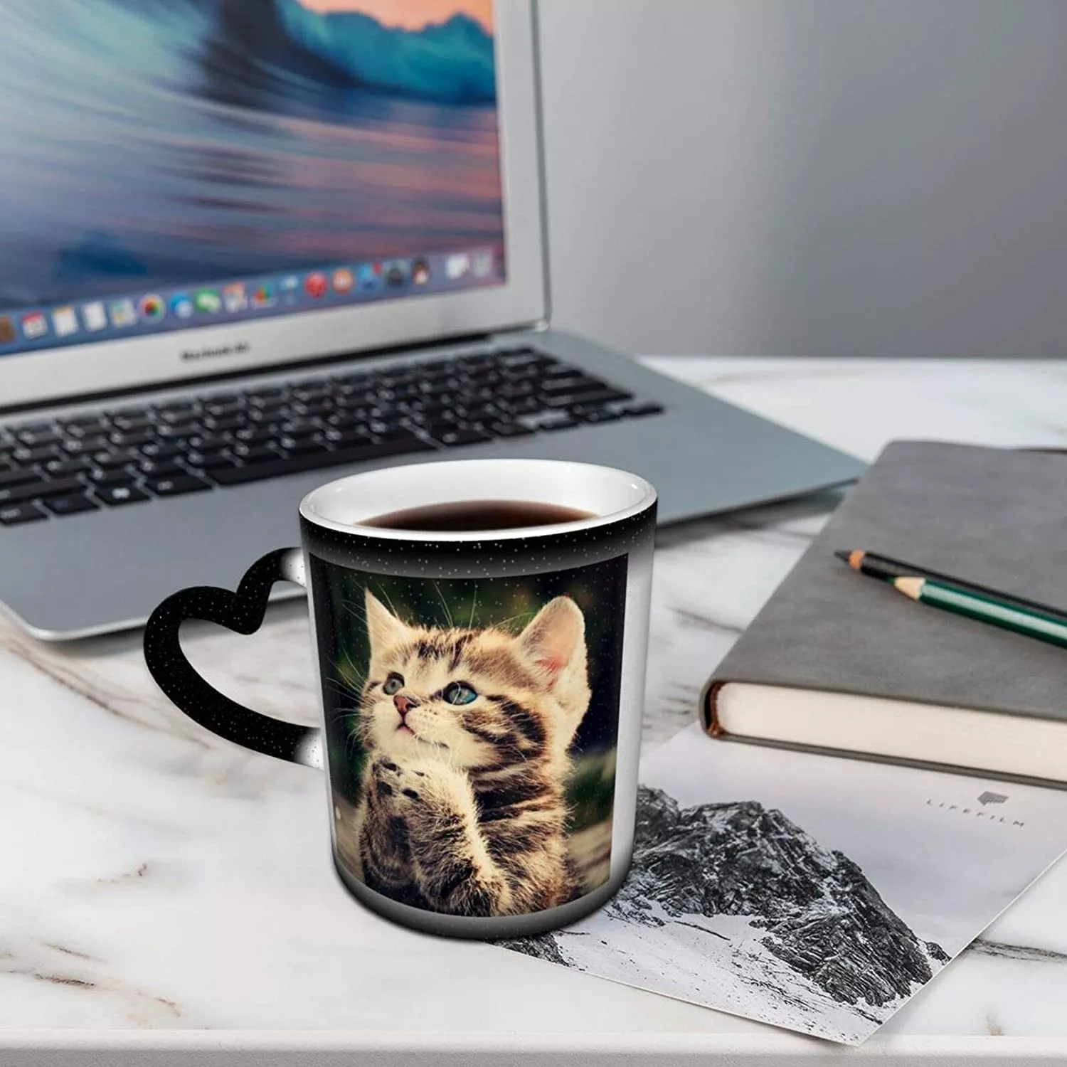 Heat Change Cat Mug on Desk Near Laptop