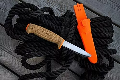 Morakniv Floating Fixed-Blade Fine Edged Stainless Steel Knife Sitting On Top of Rope