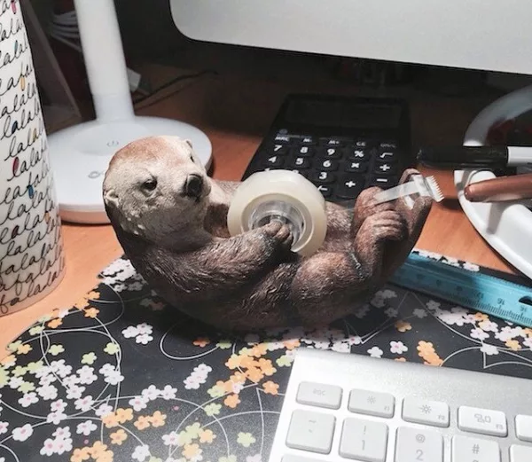 Otto the Otter Tape Dispenser In front of computer