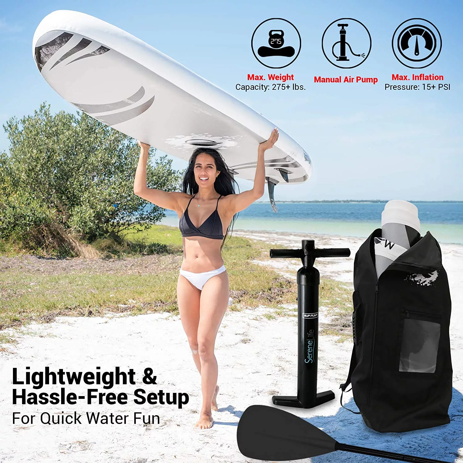Woman carrying a Inflatable Stand Up Paddle Board over her head