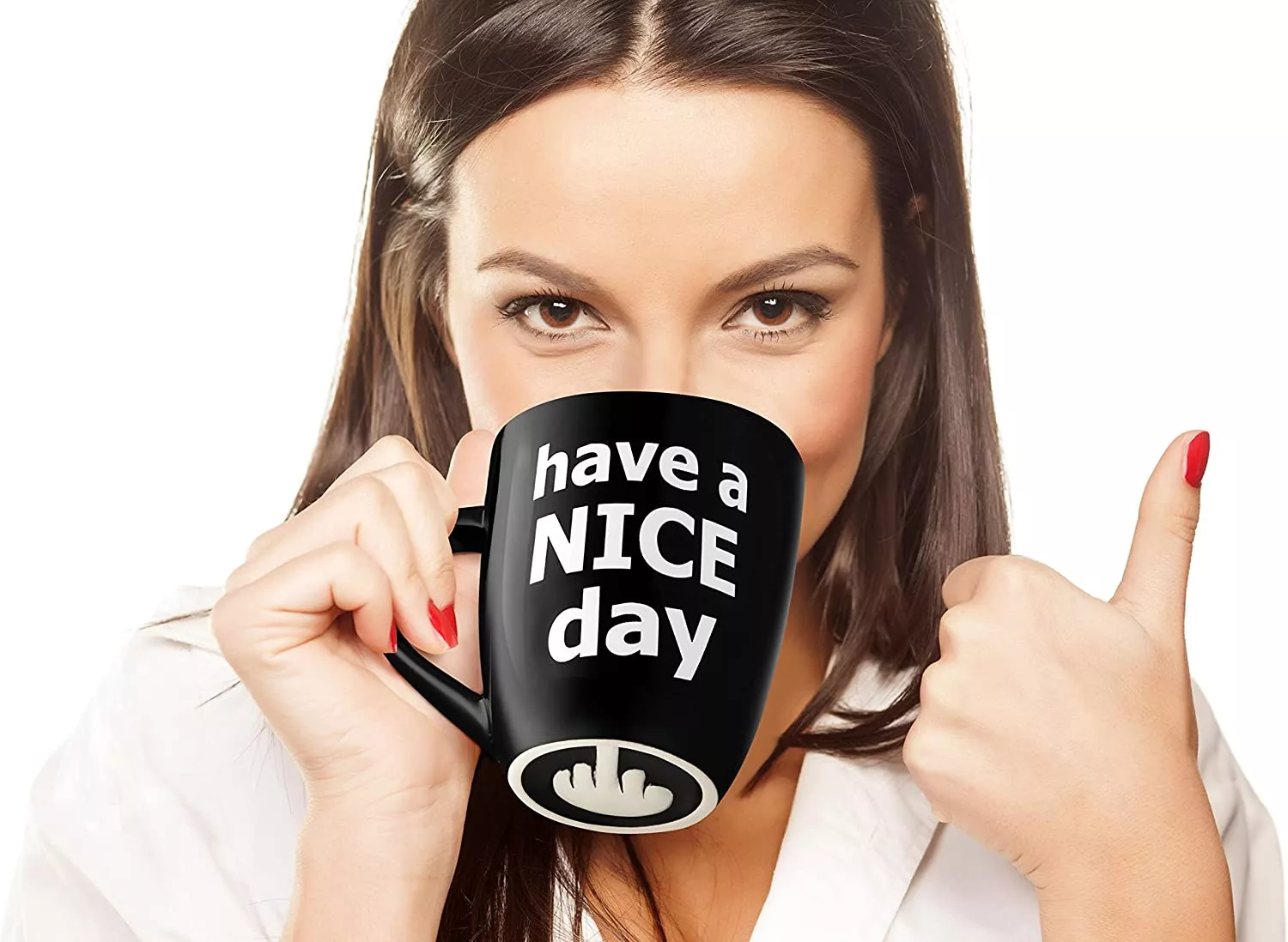 Woman drinking from Have a Nice Day Funny Coffee Mug